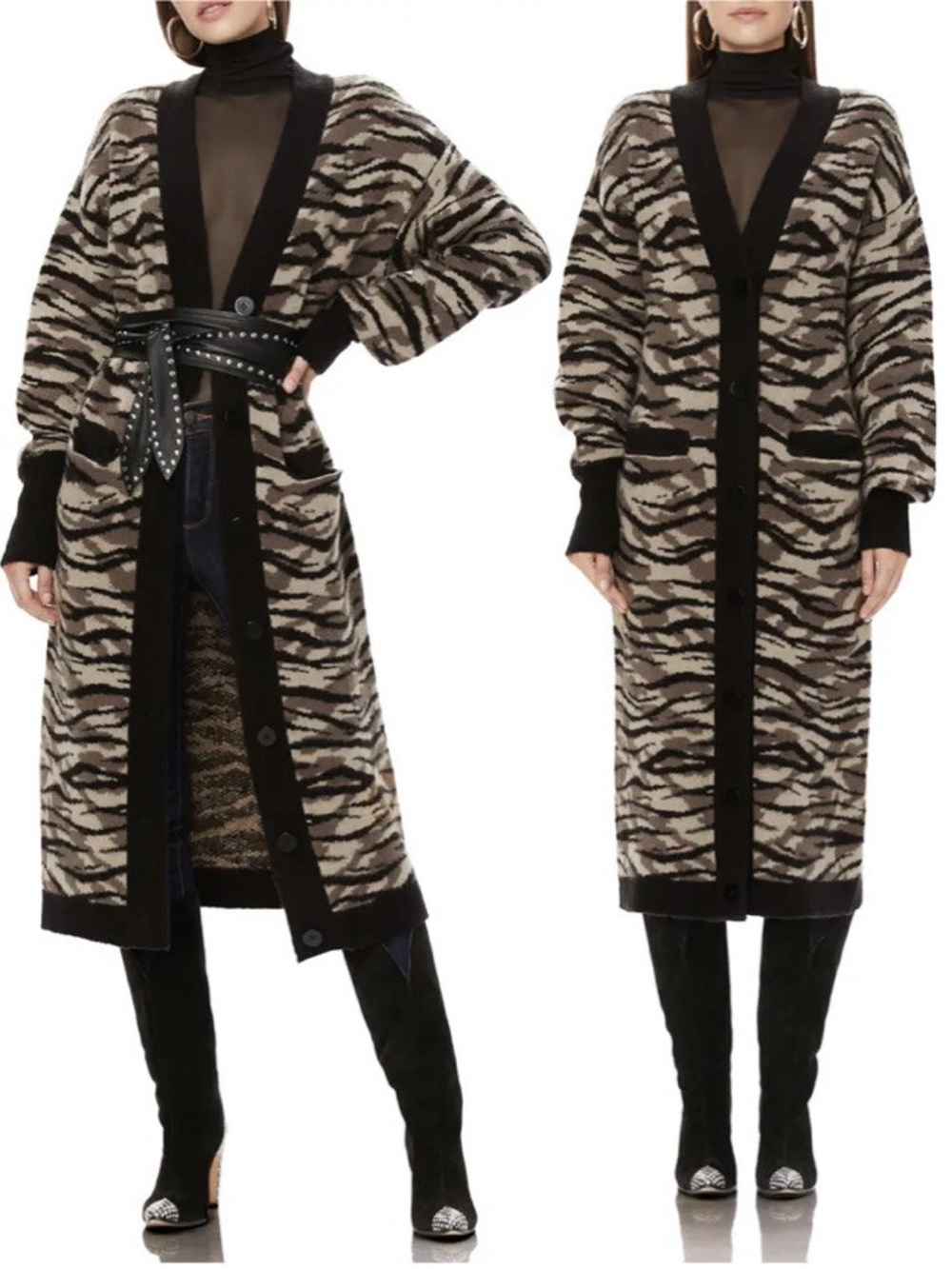 AFRM Long Tiger-Print Button Cardigan - Brown/Black - Picture 1 of 3